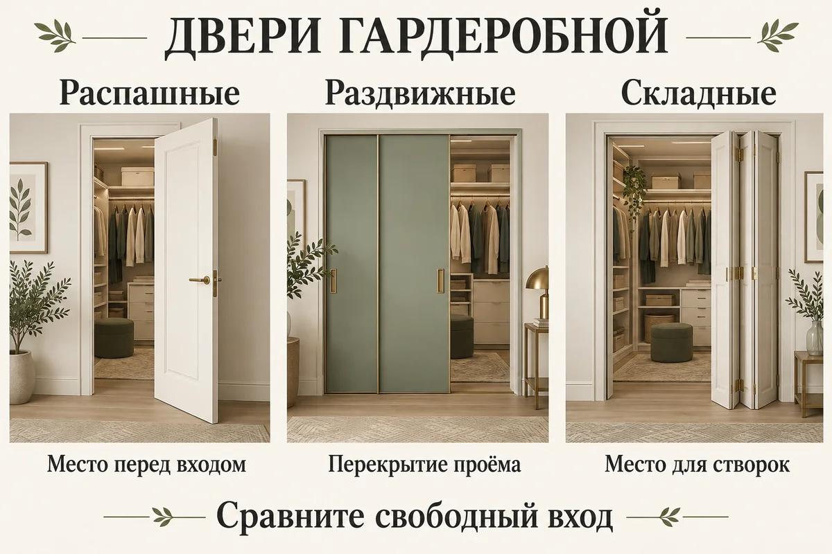 Сравнение входа в гардеробную при распашных, раздвижных и складных дверях