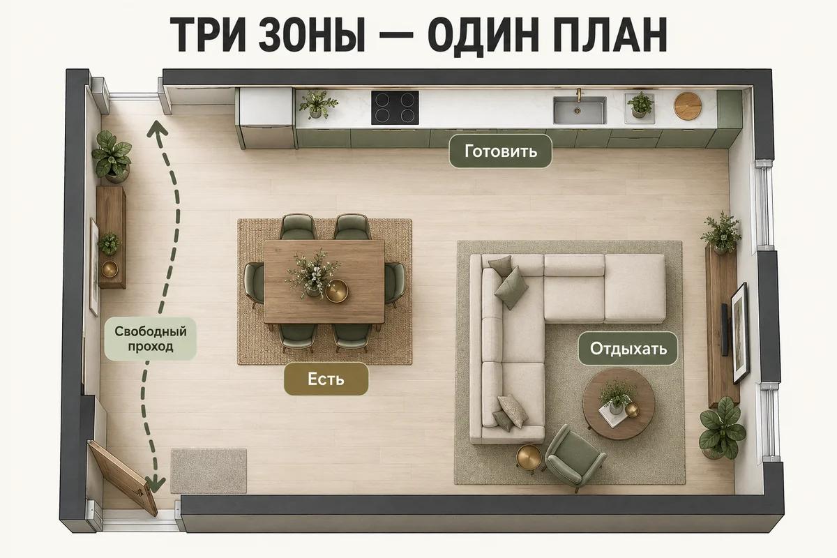 План кухни-гостиной с зонами готовки, обеда и отдыха и отдельным свободным проходом