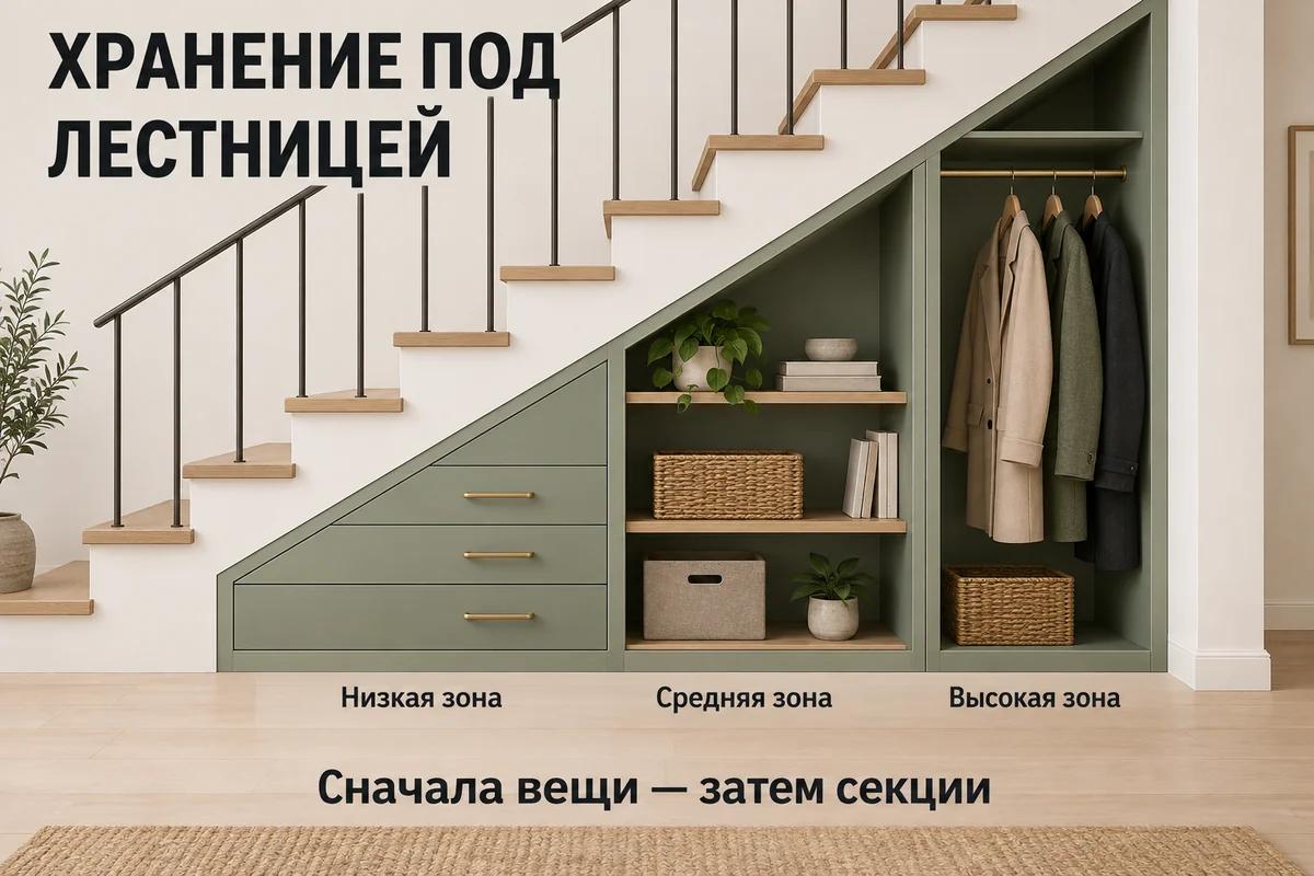 Распределение хранения под лестницей: ящики в низкой зоне, полки в средней и одежда в высокой