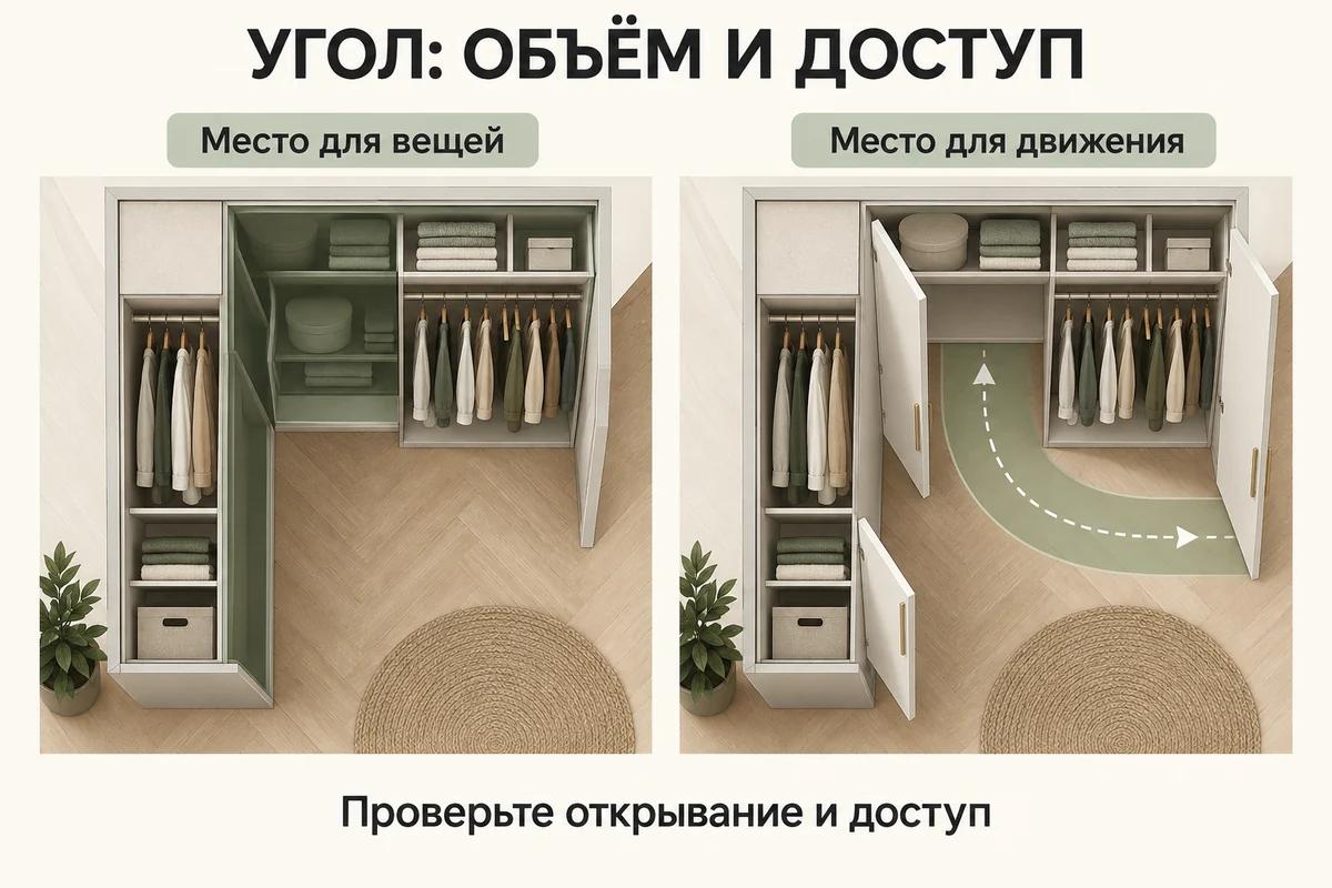 Угловое хранение в двух состояниях: размещение одежды и доступ к глубокой части при открытых дверях