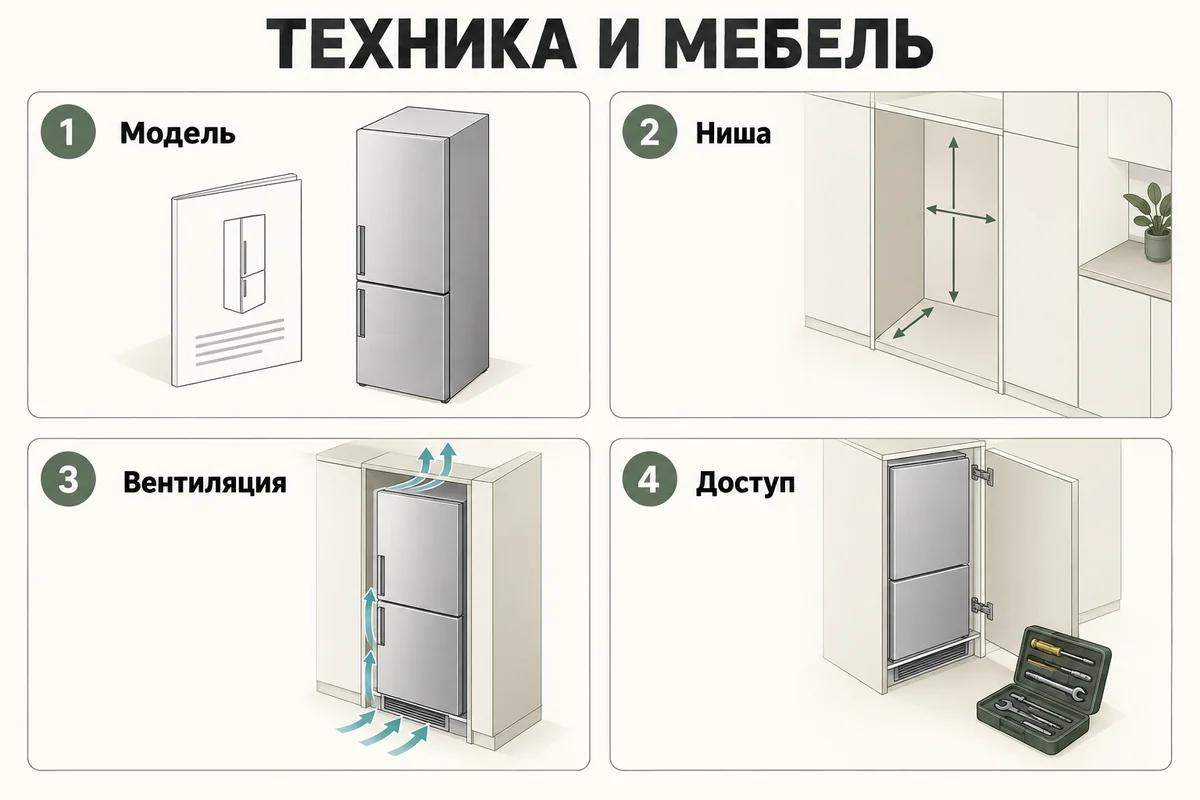 Четыре проверки встраивания техники: точная модель, ниша, вентиляция и доступ к обслуживанию