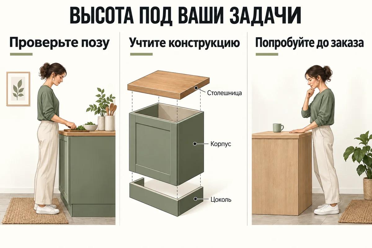 Подбор рабочей высоты кухни: проверка позы, состав высоты из цоколя, корпуса и столешницы, проба у макета