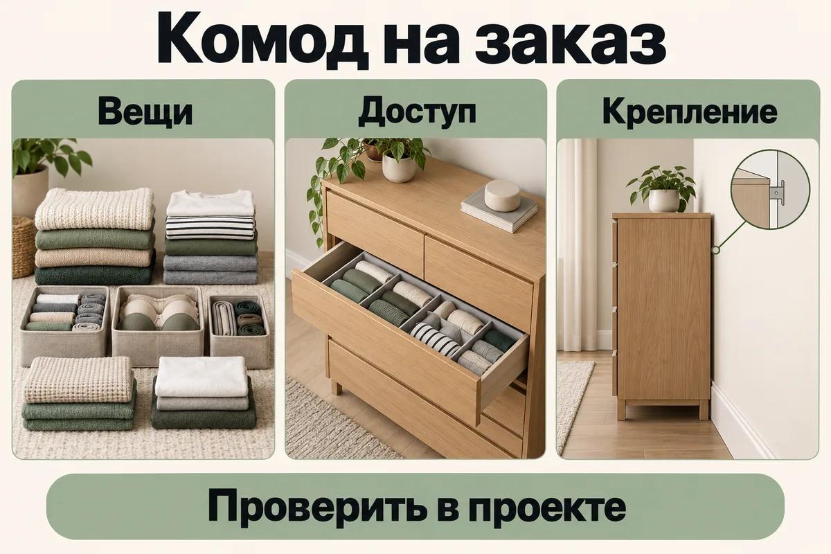 Комод на заказ: список вещей, открытый ящик с органайзером и условное крепление к стене