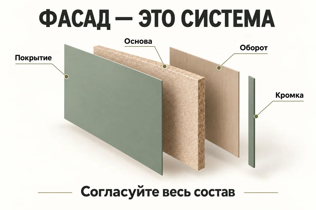 Состав мебельного фасада: декоративное покрытие, основа, оборотная сторона и кромка
