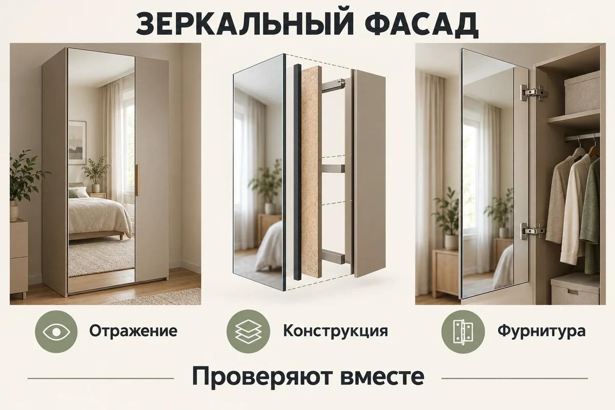Три стороны выбора зеркального фасада: отражение комнаты, конструкция дверцы и подходящая фурнитура
