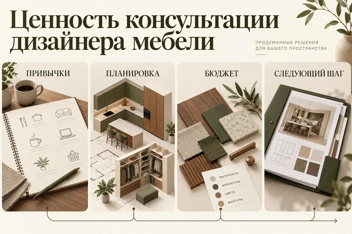 Схема консультации дизайнера мебели: привычки, планировка, бюджет и следующий шаг