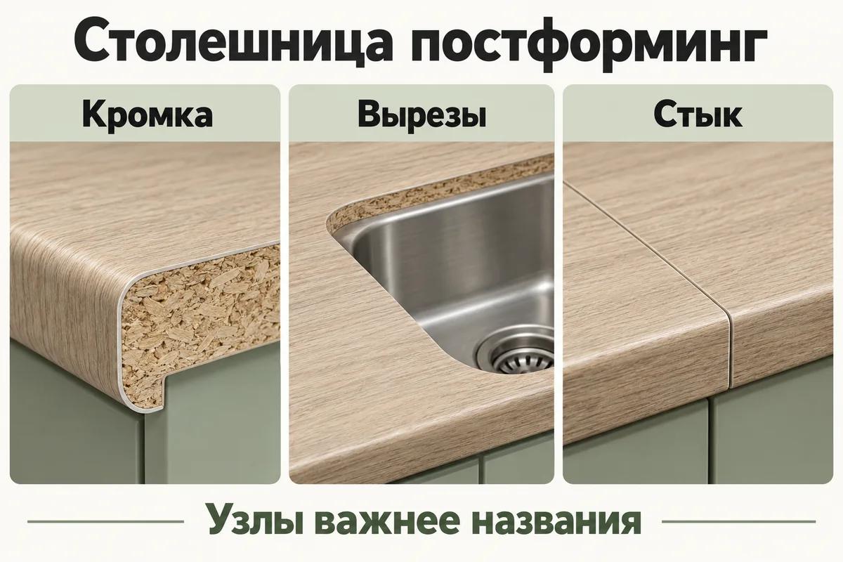 Проверки столешницы постформинг: закруглённая кромка, вырез под мойку и стык двух частей